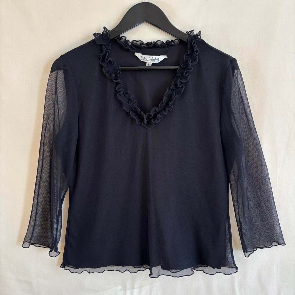 VTG Uniform John Paul Richard Black Sheer Mesh Ruffle Y2K Top - Size L